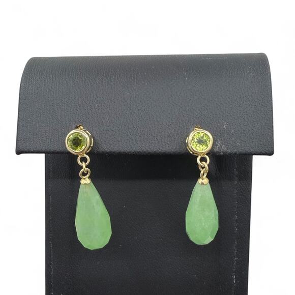 Natural Green Jade and Peridot Dangle Earrings Solid 14k Yellow Gold - NEW - Picture 1 of 6